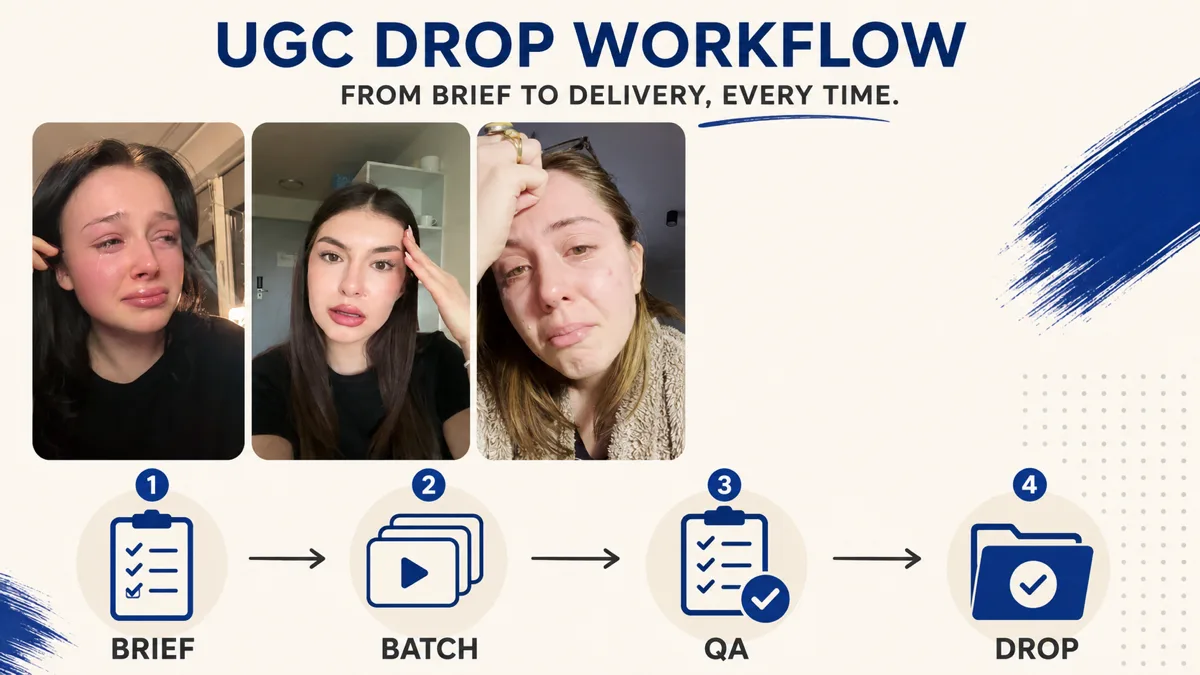 Three real creator frames above a four-step UGC drop workflow: brief, batch, quality review, delivery